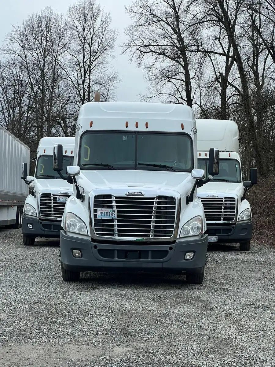 Three D&G Transport Freightliner Cascadia tractors parked front-on, ready for dispatch