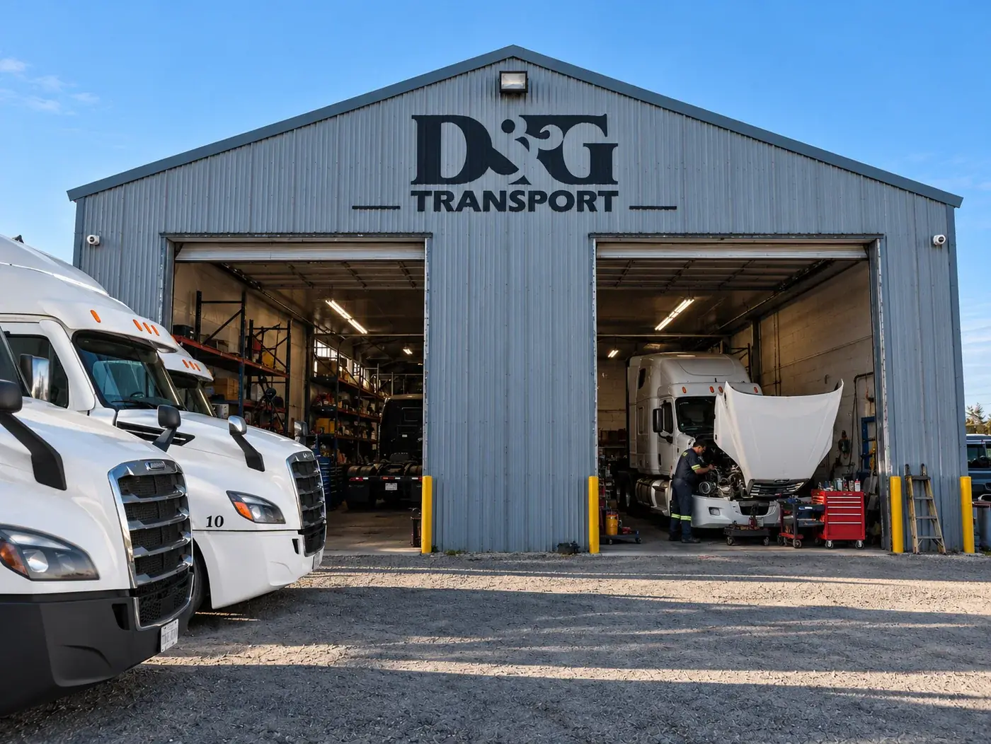 D&G Transport maintenance shop at the Tacoma yard with open bay doors, a tractor being serviced inside and white tractors parked outside