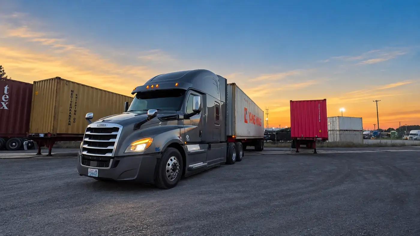 Container on a D&G Transport truck at dusk