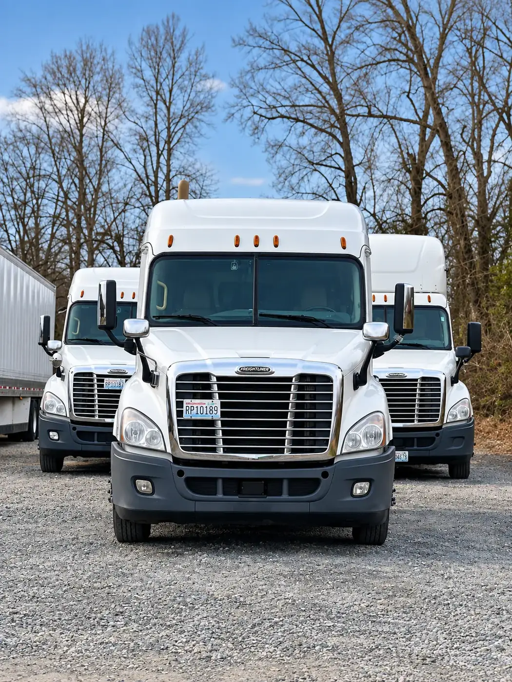 Three white D&G Transport Freightliner tractors parked front-on in the yard