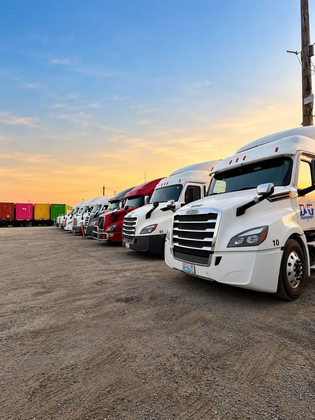 Row of D&G Transport tractors lined up in the yard at sunset with ocean containers behind
