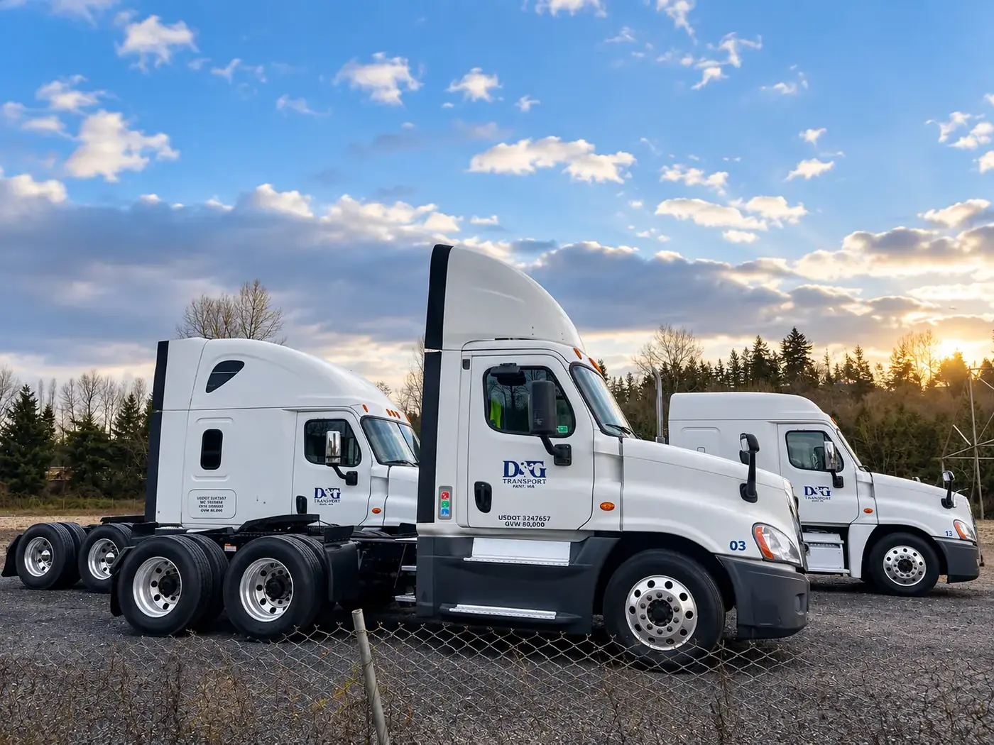 Two white D&G Transport Freightliner tractors parked side by side at dusk