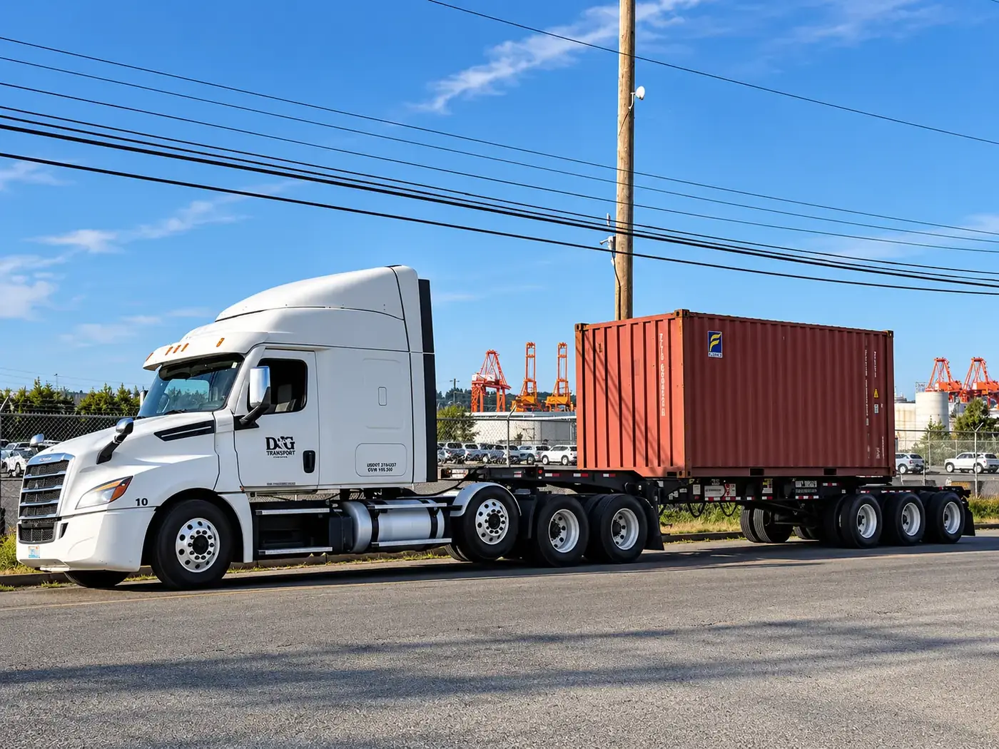 D&G Transport tractor hauling a 20ft ocean container on chassis with port cranes behind