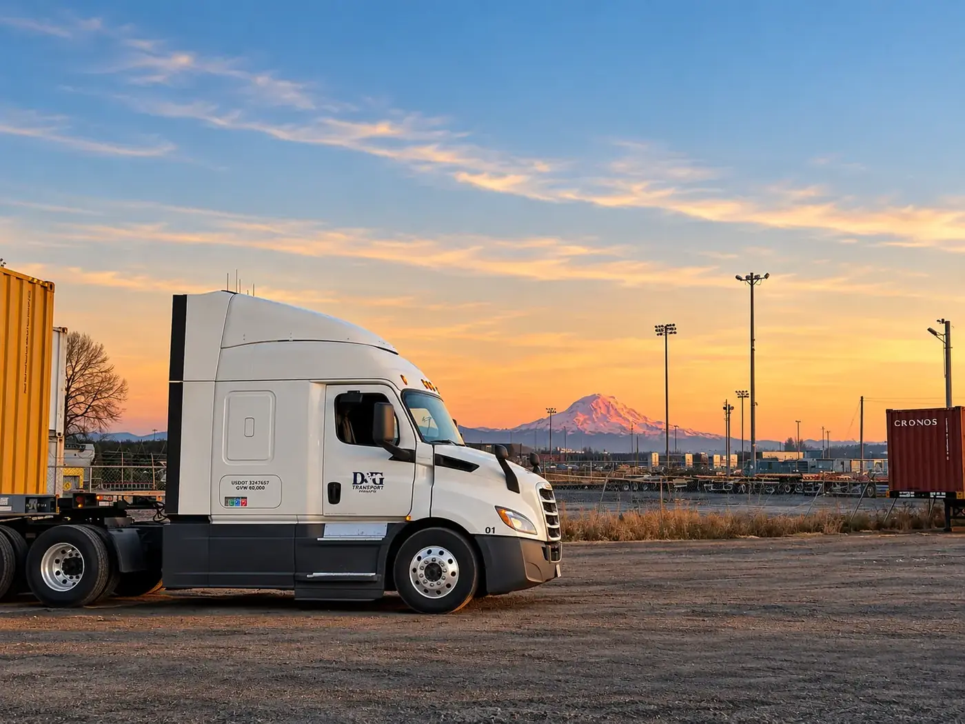 D&G Transport tractor parked in the yard at sunset with Mount Rainier in the distance