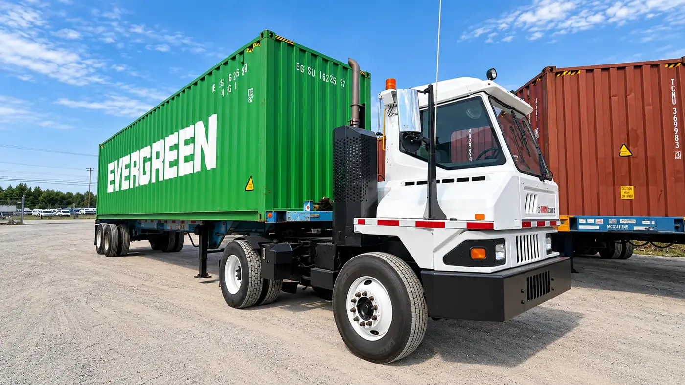 Yard tractor moving a 40ft ocean container on chassis across a container yard