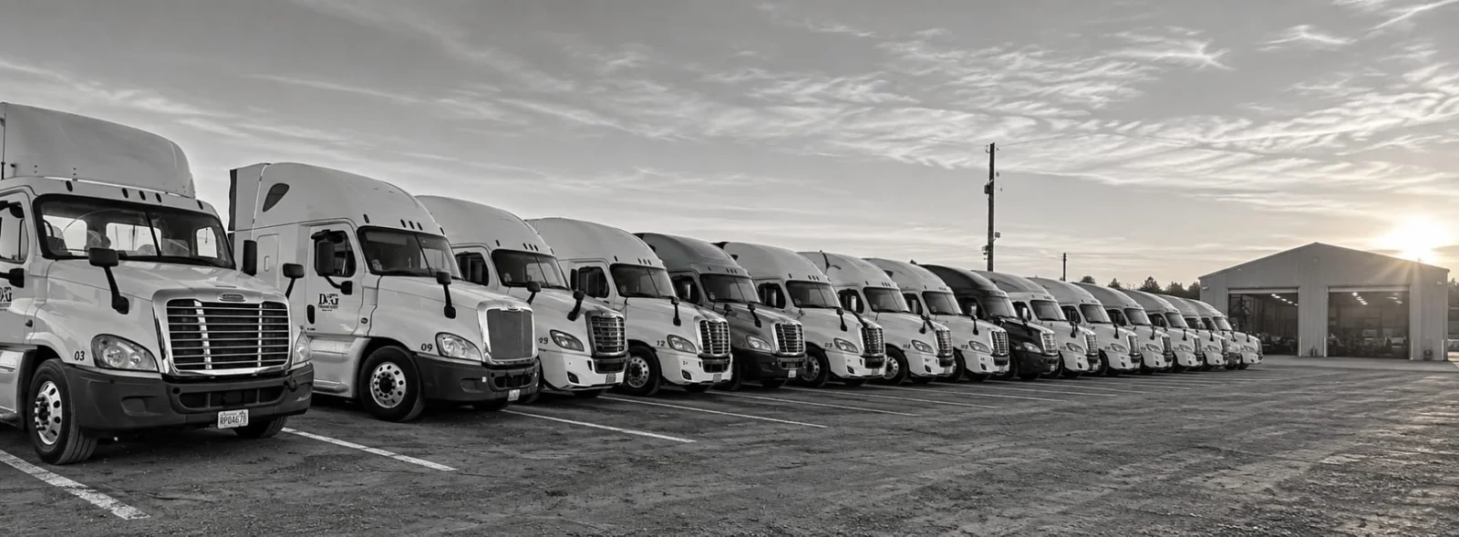Black-and-white photo of about 15 white D&G Transport tractors parked side by side in the company yard