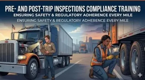 Driver and technician performing a pre-trip inspection on a tractor and trailer