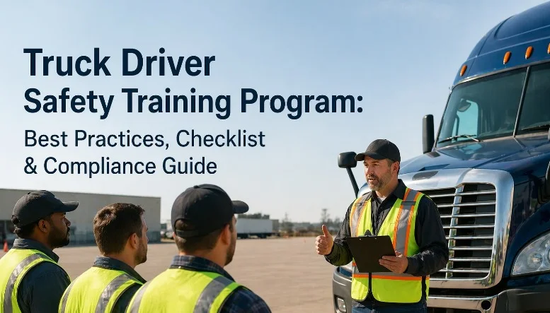 Safety trainer with a clipboard briefing drivers in high-visibility vests beside a truck