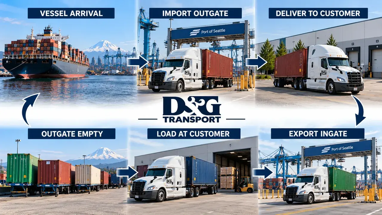 Import and export container cycle: vessel arrival, import outgate, customer delivery, loading at customer, export ingate and empty outgate