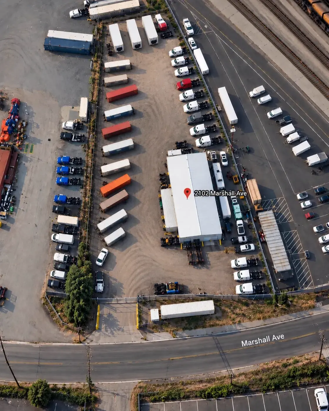 Aerial view of the D&G Transport yard in Tacoma: gated lot with rows of containers, white D&G trucks and chassis around the shop building beside the rail line